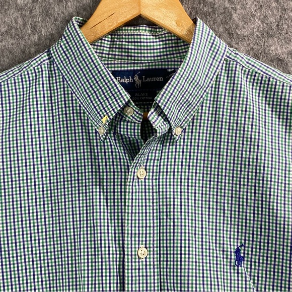 Ralph Lauren Mens Purple/Green/White Pin Check BLAKE Short Sleeve Button Down XL - Picture 3 of 8